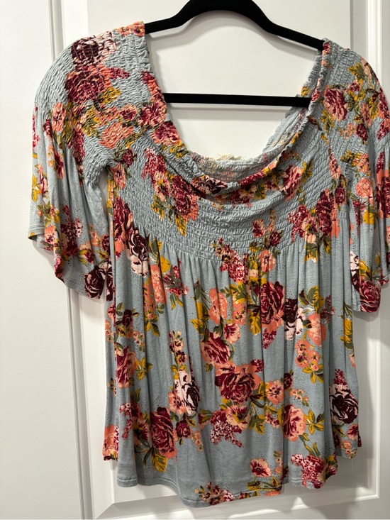 Jolt Tops - Jolt Light Blue Floral Smocked Off-Shoulder Tunic